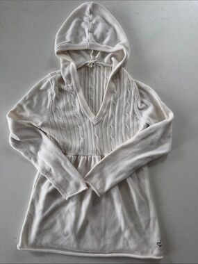 Vintage Roxy Cream Hooded V-Neck Cable Knit Sweater
